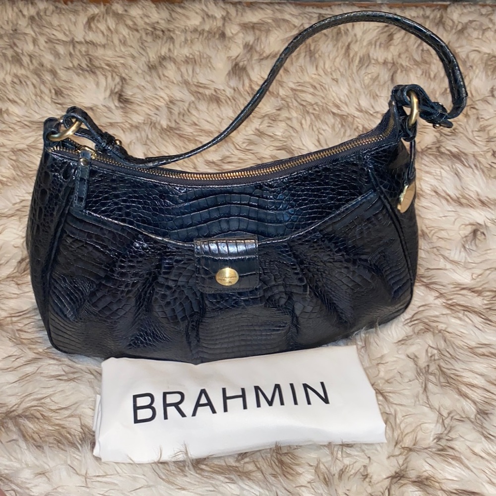 Brahmin Vintage Croc Embossed Leather Zip Top Shoulder Bag EVC